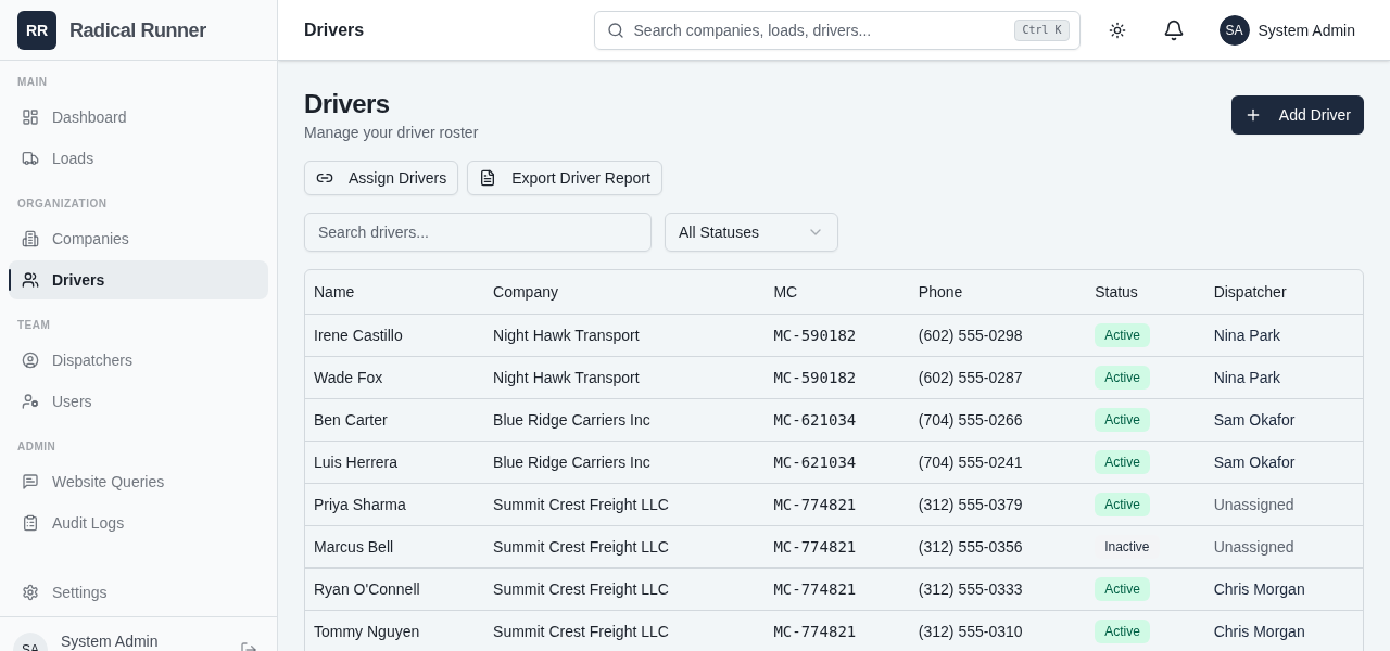 Drivers list with CDL and truck details