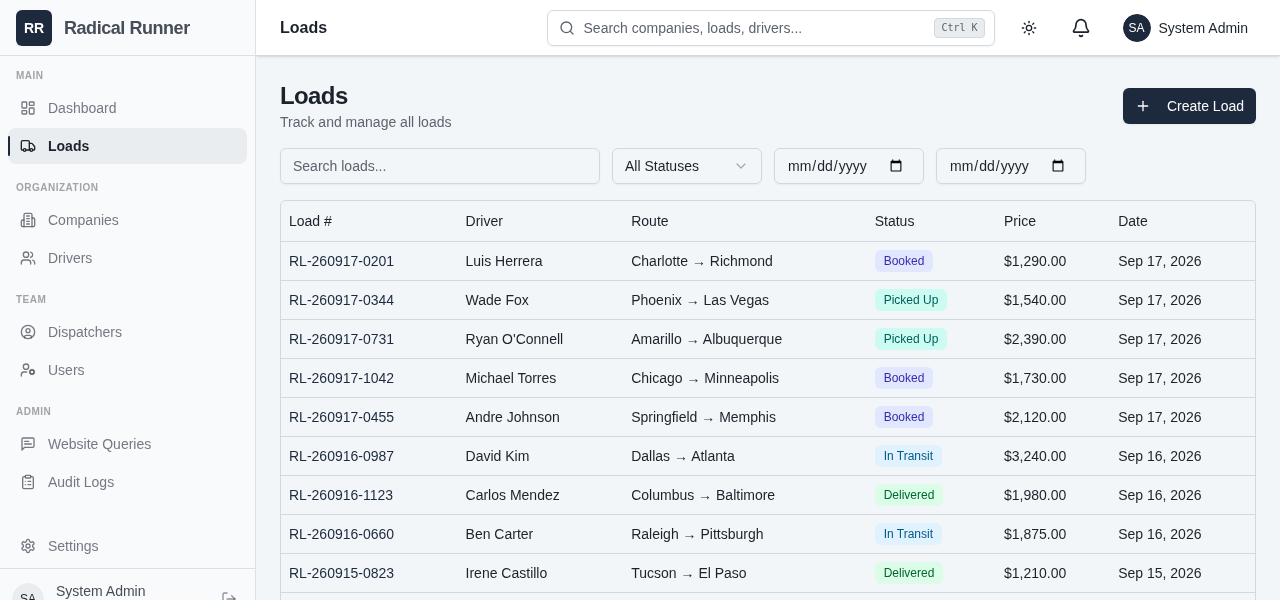 Loads list showing loads in the four-status lifecycle