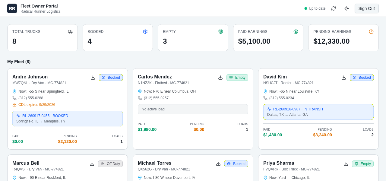 Owner portal with fleet cards and earnings KPIs