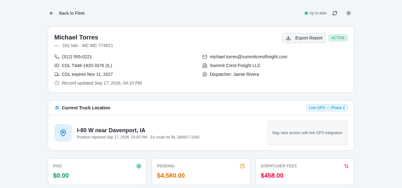 Owner truck detail with load history status and RC documents